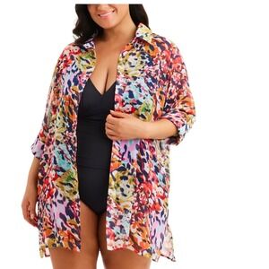 Bleu Rod Beattie Party Animal Chiffon Shirt Cover-Up Beach Swim 1X Multi MSRP$95